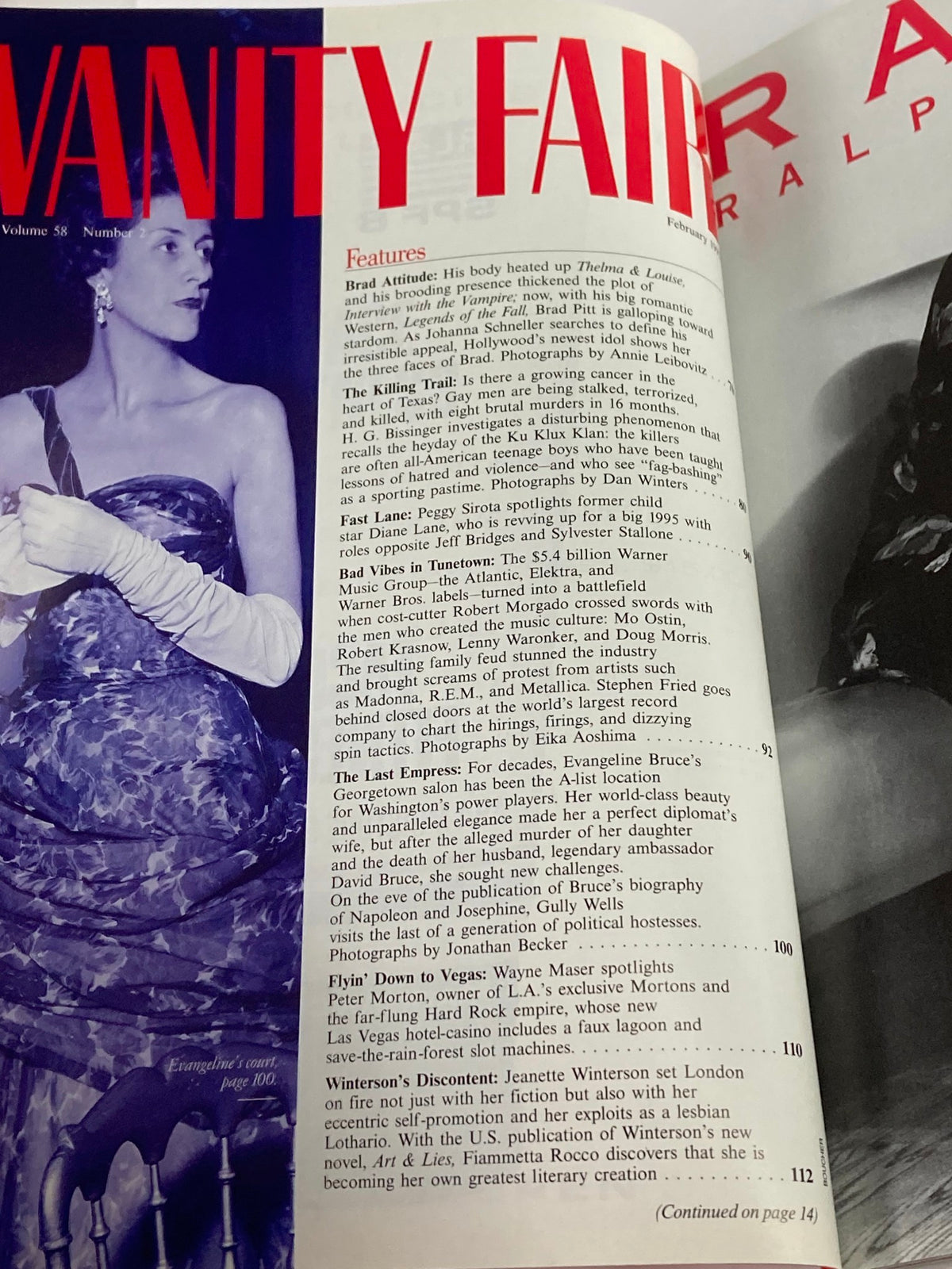 Inside spread of Vanity Fair Magazine, February 1995, showcasing features including a section on Brad Pitt and insights into 90s culture. The layout highlights classic magazine design and editorial content.