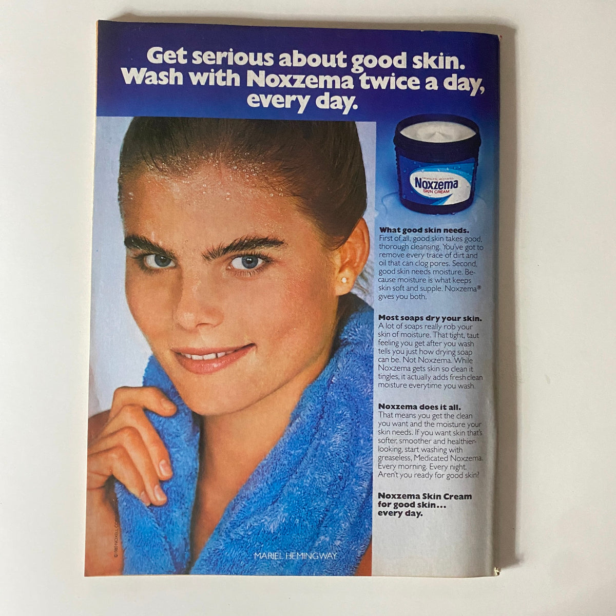 Vintage Noxzema advertisement featuring a model promoting skin care with Noxzema skin cream, emphasizing daily skin cleansing. From the February 1981 issue of Tiger Beat Magazine.
