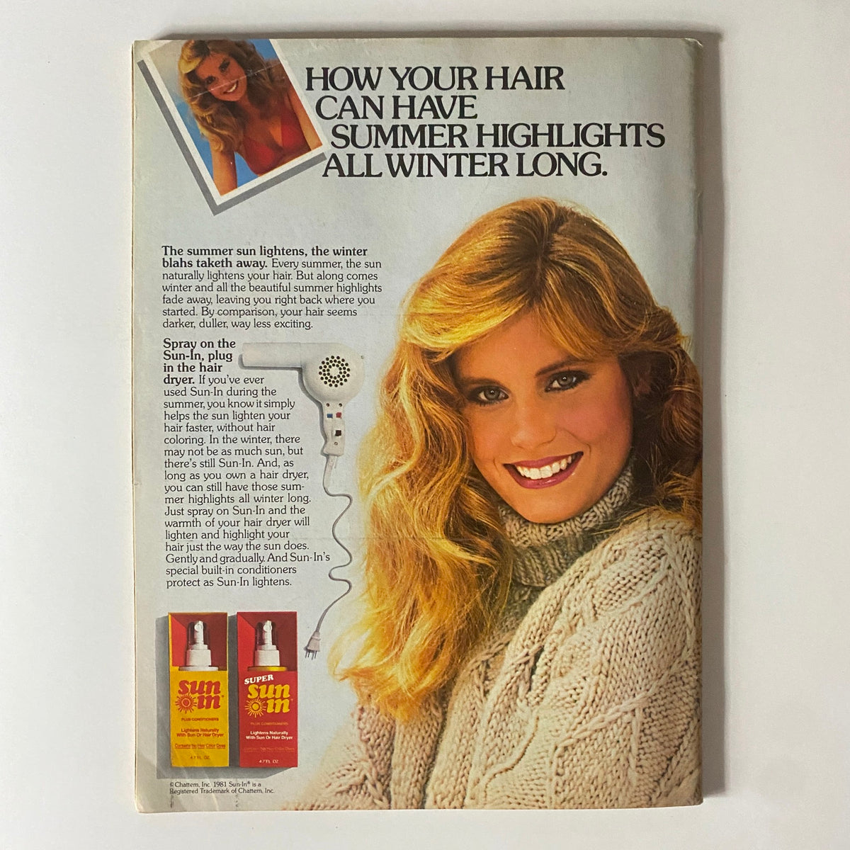 Tiger Beat Magazine October 1981 advertisement for Sun-In hair products. The advertisement features a model with beautifully styled hair, promoting summer highlights in winter, exemplifying the beauty trends of the 1980s.