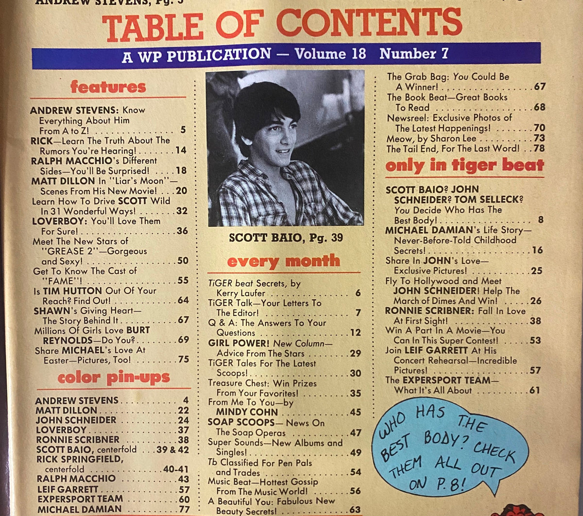 Table of Contents from Tiger Beat Magazine April 1982 showcasing features on Andrew Stevens, Scott Baio, and other popular stars of the era.