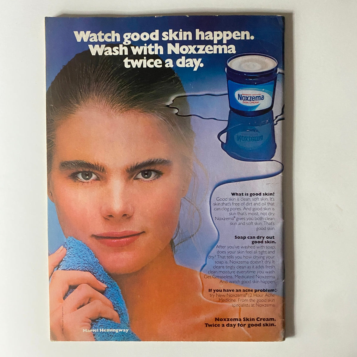 Tiger Beat Magazine February 1982 advertisement for Noxzema with model Mariel Hemingway promoting skin care, capturing the essence of early 1980s beauty trends.