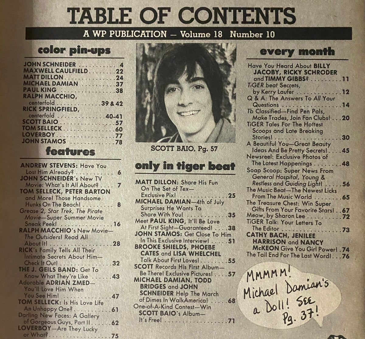 Table of contents page featuring Scott Baio, Rick Springfield, and other teen idols from Tiger Beat Magazine July 1982, highlighting exclusive interviews and pop culture content.