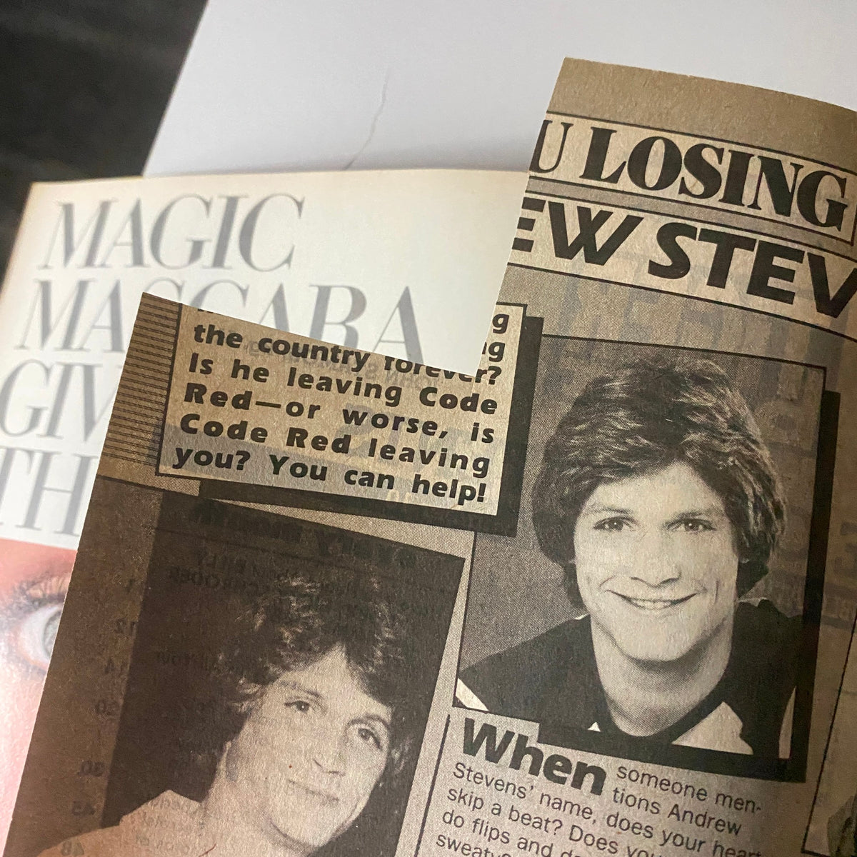 Article snippet about Andrew Stevens with a photo in Tiger Beat Magazine July 1982, discussing his career and popularity among fans.