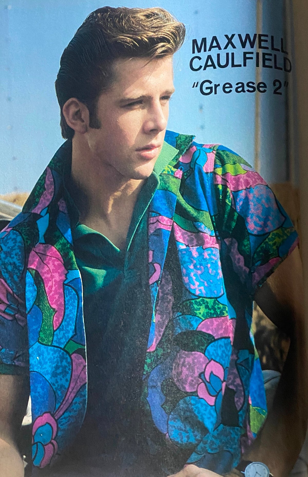 Maxwell Caulfield photo and feature from Tiger Beat Magazine July 1982, showcasing his role in Grease 2 and appealing fashion style.