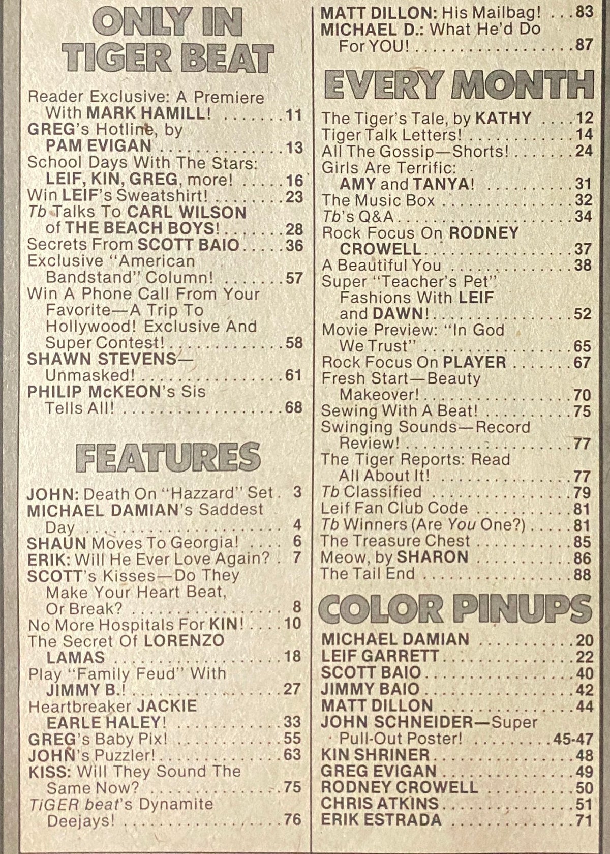Table of contents from the October 1980 issue of Tiger Beat Magazine, showcasing featured articles and celebrities, including sections dedicated to John Schneider and Erik Estrada.
