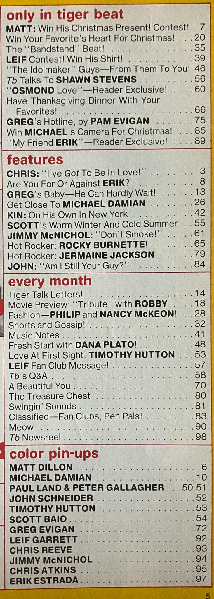 Table of contents from the December 1980 issue of Tiger Beat Magazine featuring articles on Matt Dillon and Chris Atkins, along with contests and celebrity features.