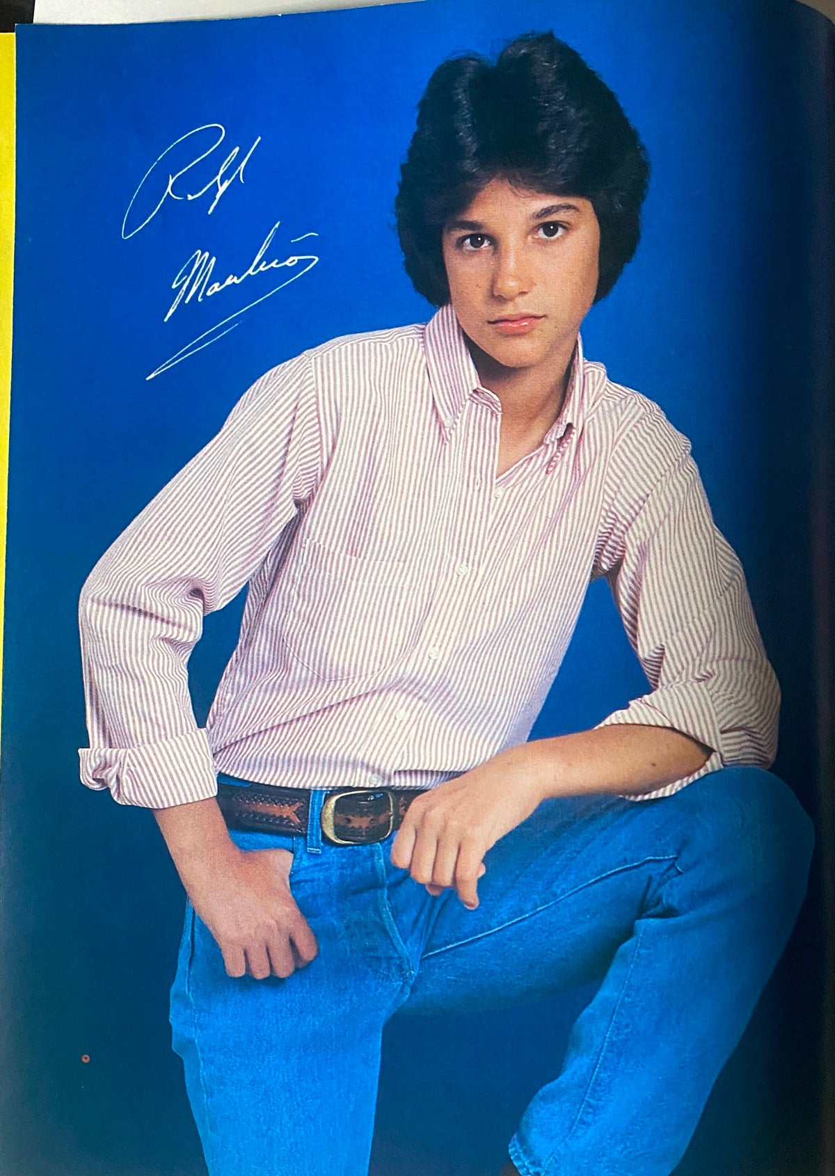 Michael Damian appearing in Tiger Beat Magazine November 1982, dressed in a red and white striped shirt, posing confidently against a vibrant blue background.