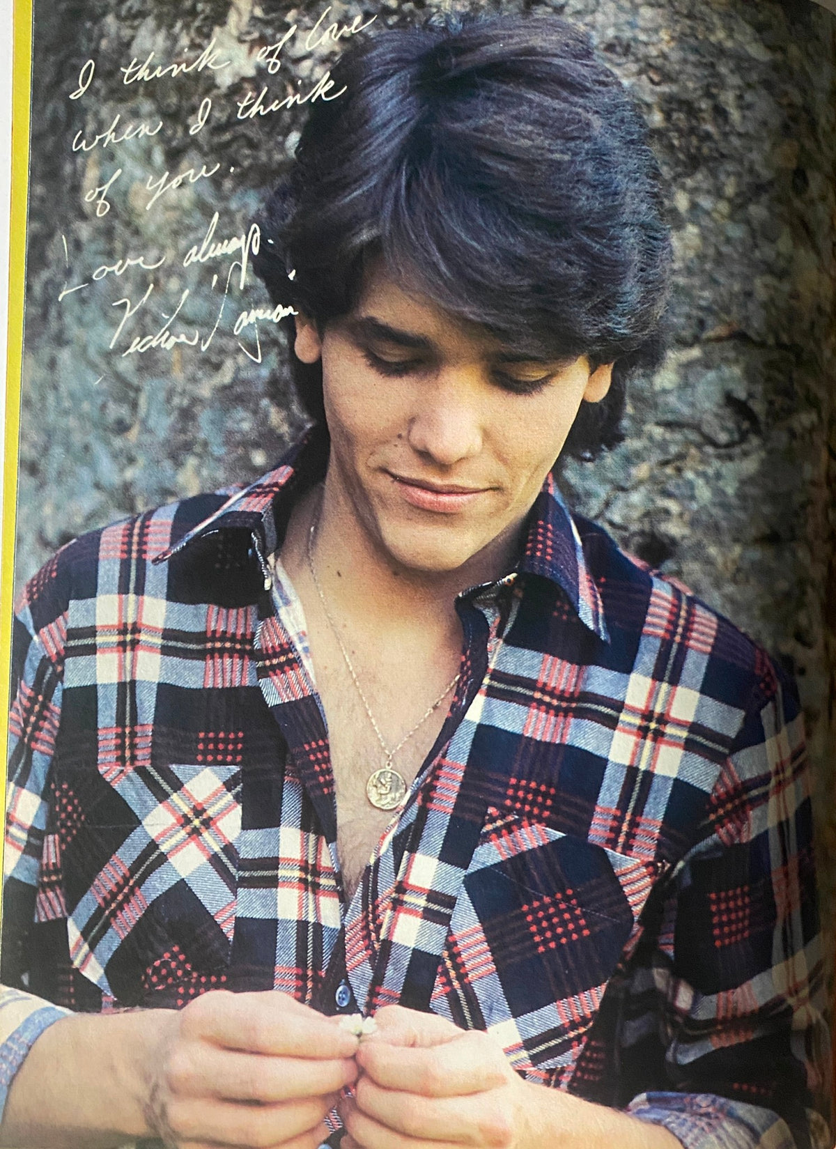 Close-up photo of a teenage heartthrob from Tiger Beat Magazine November 1982, wearing a plaid shirt and looking thoughtfully down, showcasing youthful charm.