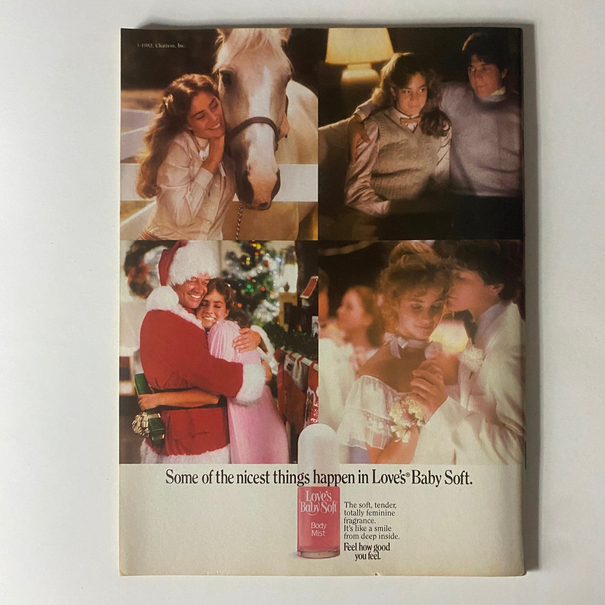 Vintage advertisement featuring a collage of heartwarming moments related to Love's Baby Soft fragrance. The ad showcases joyful interactions, including a girl with a horse, festive scenes with Santa, and romantic moments, capturing the essence of youthful nostalgia from the early 1980s. This image is part of the Tiger Beat Magazine November 1982 issue featuring Scott Baio and Michael Damian.