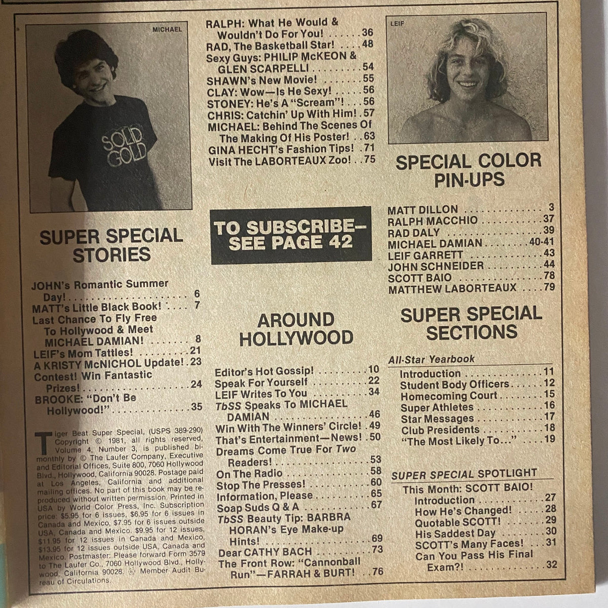 Interior page of Tiger Beat Magazine June/July 1981 highlighting articles and features about popular stars like Michael Damian and Leif Garrett.