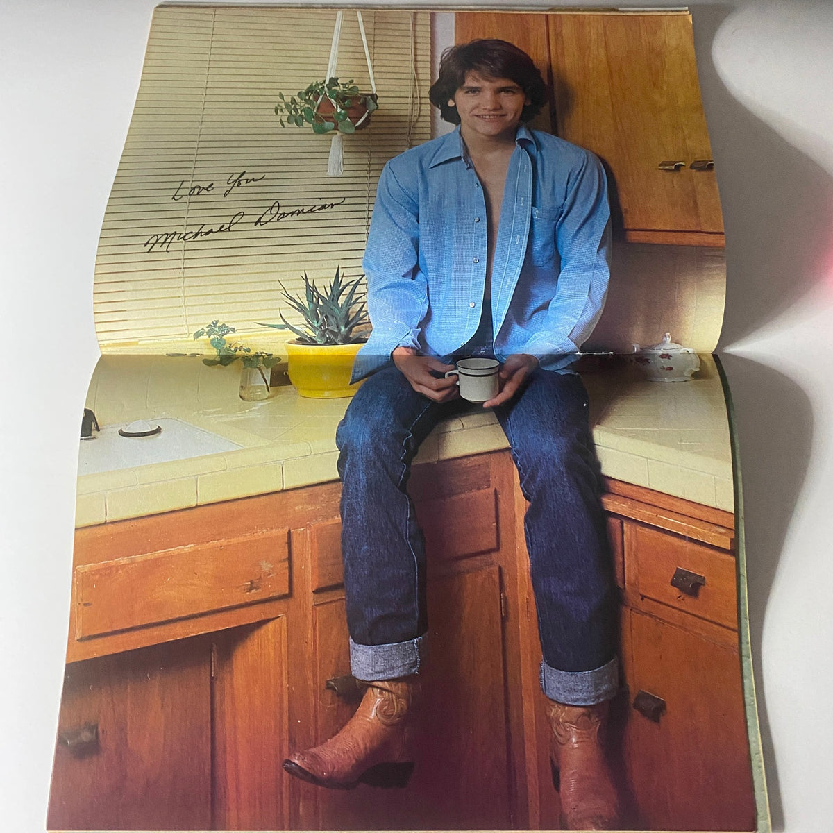 Michael Damian from Tiger Beat Magazine June/July 1981, sitting on a kitchen counter in a blue shirt and cowboy boots, holding a cup.