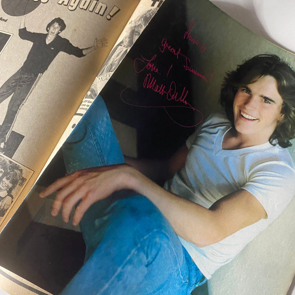 Matt Dillon featured in Tiger Beat Magazine June/July 1981, smiling and wearing a white t-shirt, provides a nostalgic glimpse of 1980s teen culture.