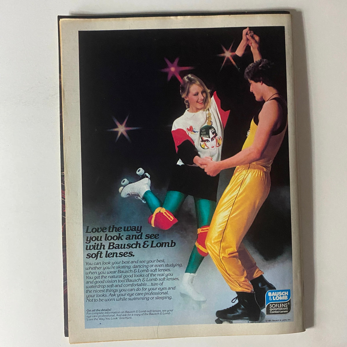 A vintage advertisement from Tiger Beat Magazine June/July 1981, showcasing a couple dancing, promoting Bausch and Lomb soft contact lenses.