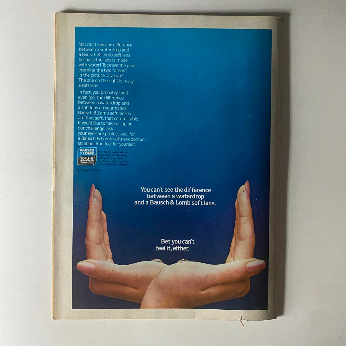 Back cover advertisement from Tiger Beat Star Magazine August 1981, featuring a visual comparison of a waterdrop and a Bausch & Lomb soft lens, emphasizing comfort and clarity.