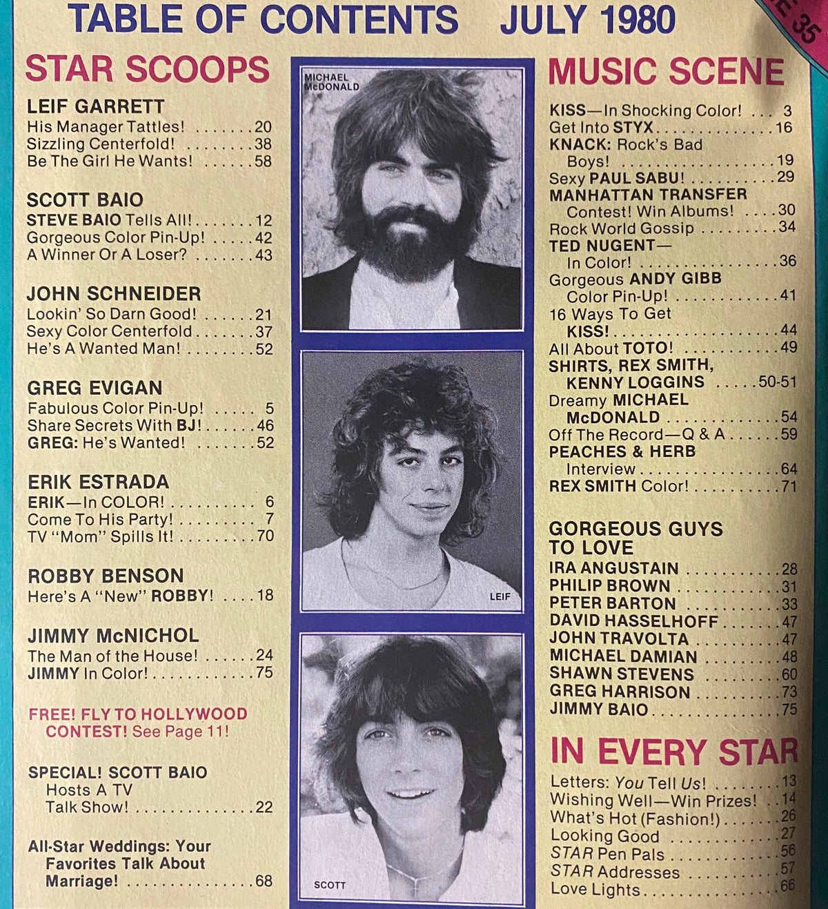 Table of Contents from the July 1980 issue of Tiger Beat Star Magazine featuring celebrities Scott Baio, Michael McDonald, and Leif Garrett, highlighting exclusive interviews and articles.