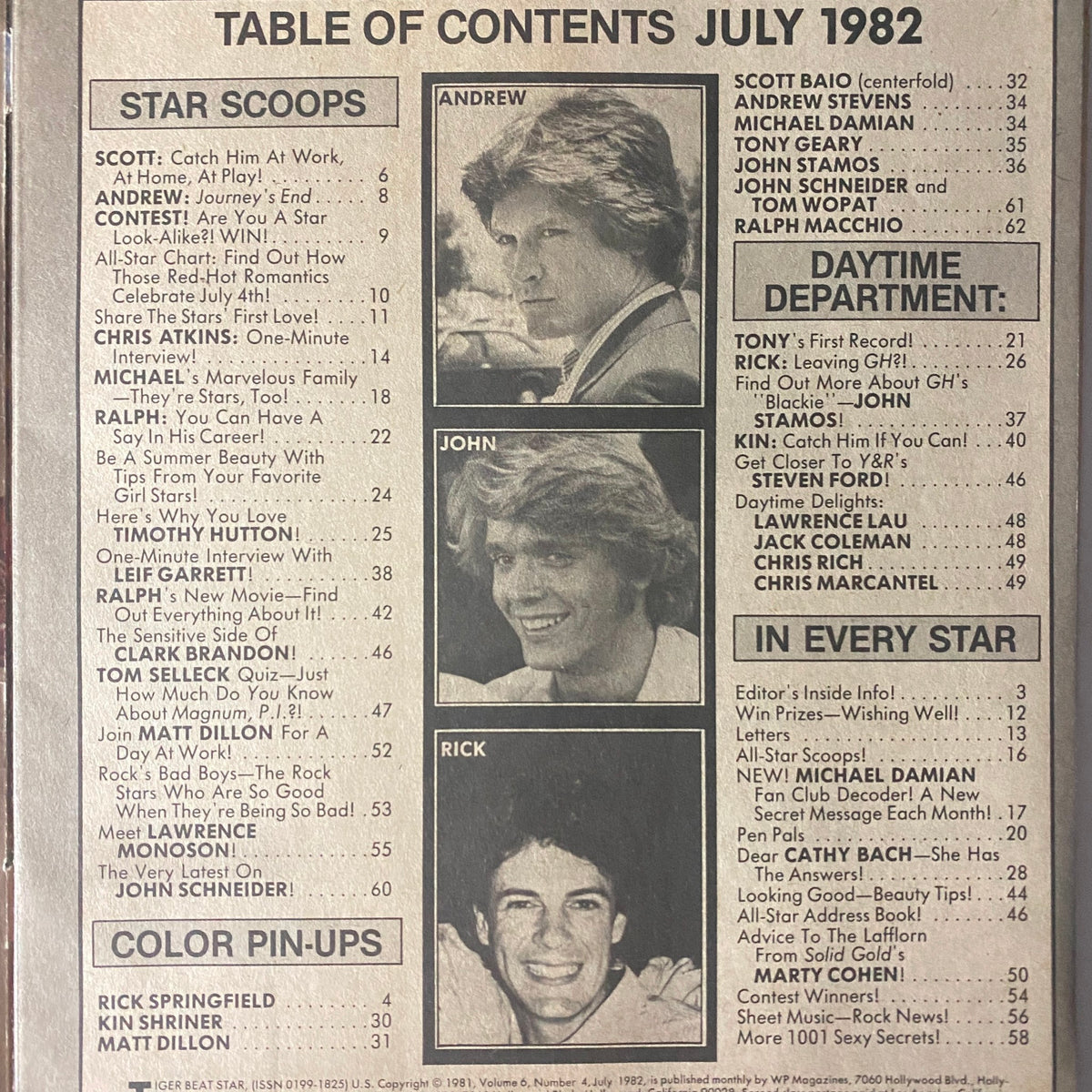 July 1982 issue contents of Tiger Beat Star Magazine featuring profiles of stars like Scott Baio, Andrew Stevens, and Rick Springfield.
