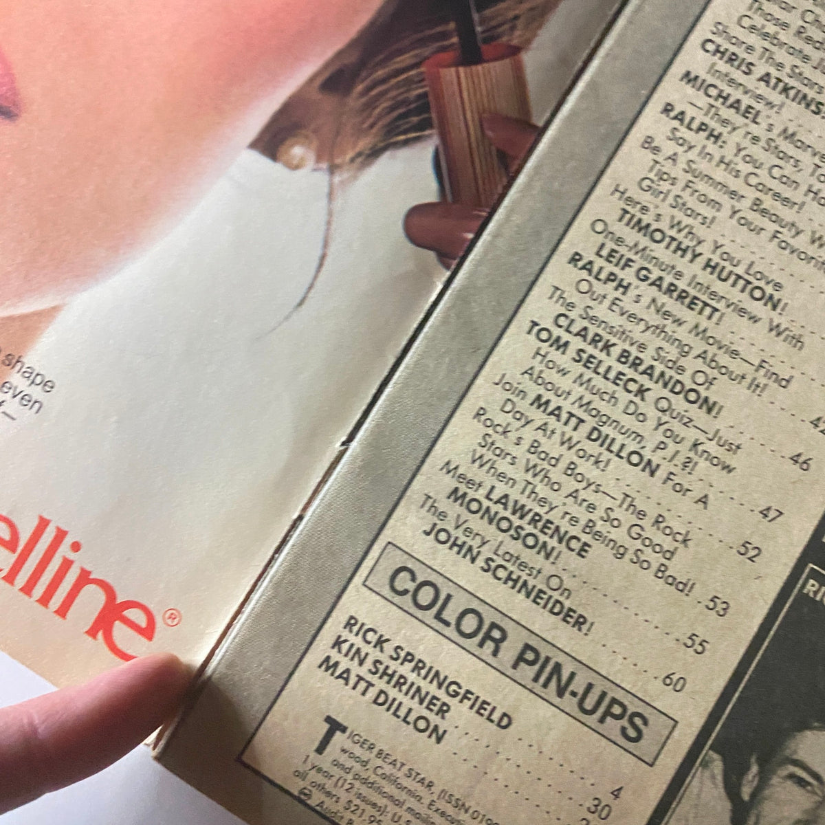 Inside view of Tiger Beat Star Magazine July 1982 showing color pin-ups and articles featuring Rick Springfield, Kin Shriner, and Matt Dillon.