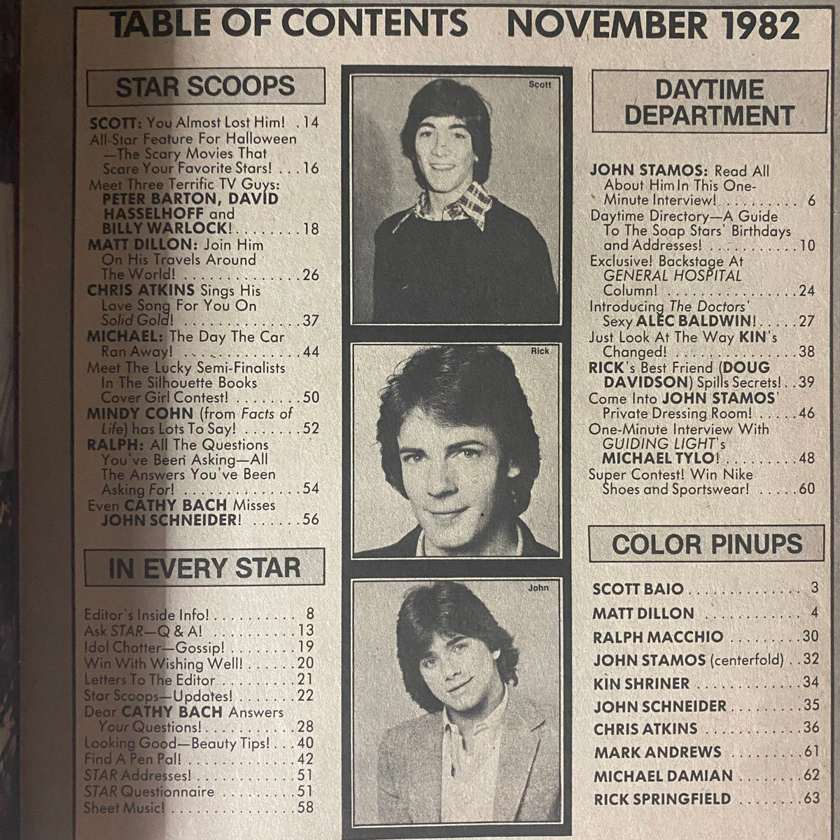 Table of contents from Tiger Beat Star Magazine November 1982, showcasing featured stars like Chris Atkins, Scott Baio, and John Stamos.