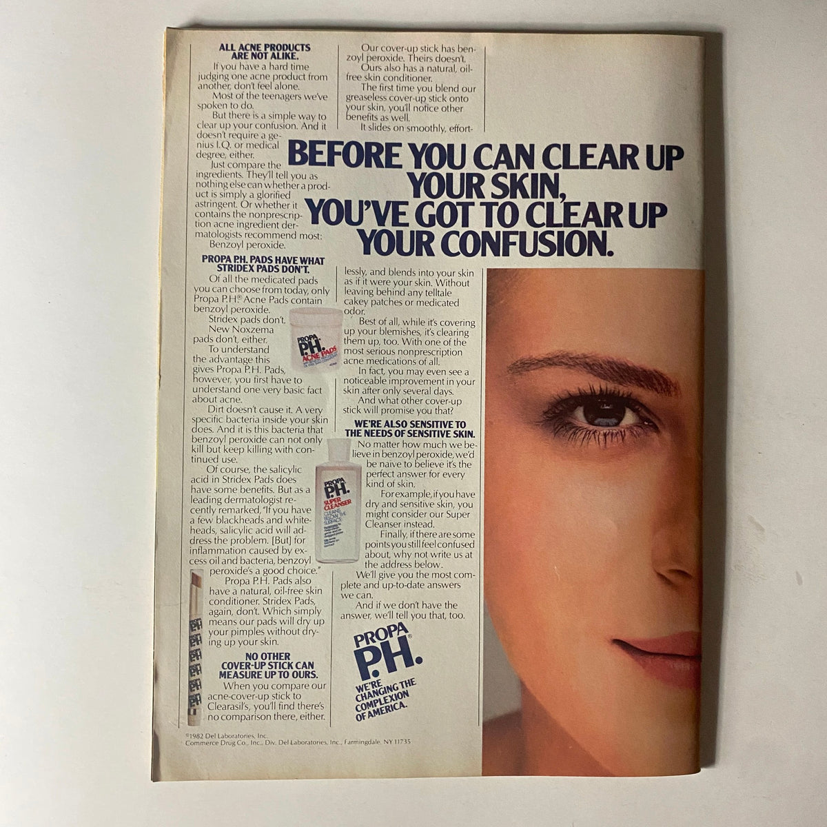 An advertisement for Propa P.H. acne treatment pads featuring a woman's close-up face from the Tiger Beat Star Magazine November 1982 issue, highlighting beauty tips of the early 80s.