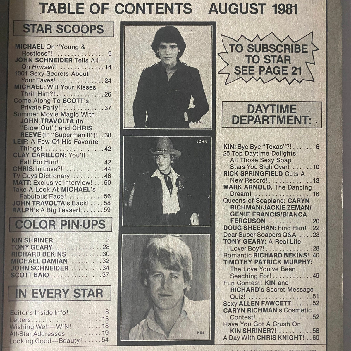 Table of contents from Tiger Beat Star Magazine August 1981, showcasing features on Michael Damian, John Schneider, and other celebrities, along with page listings.