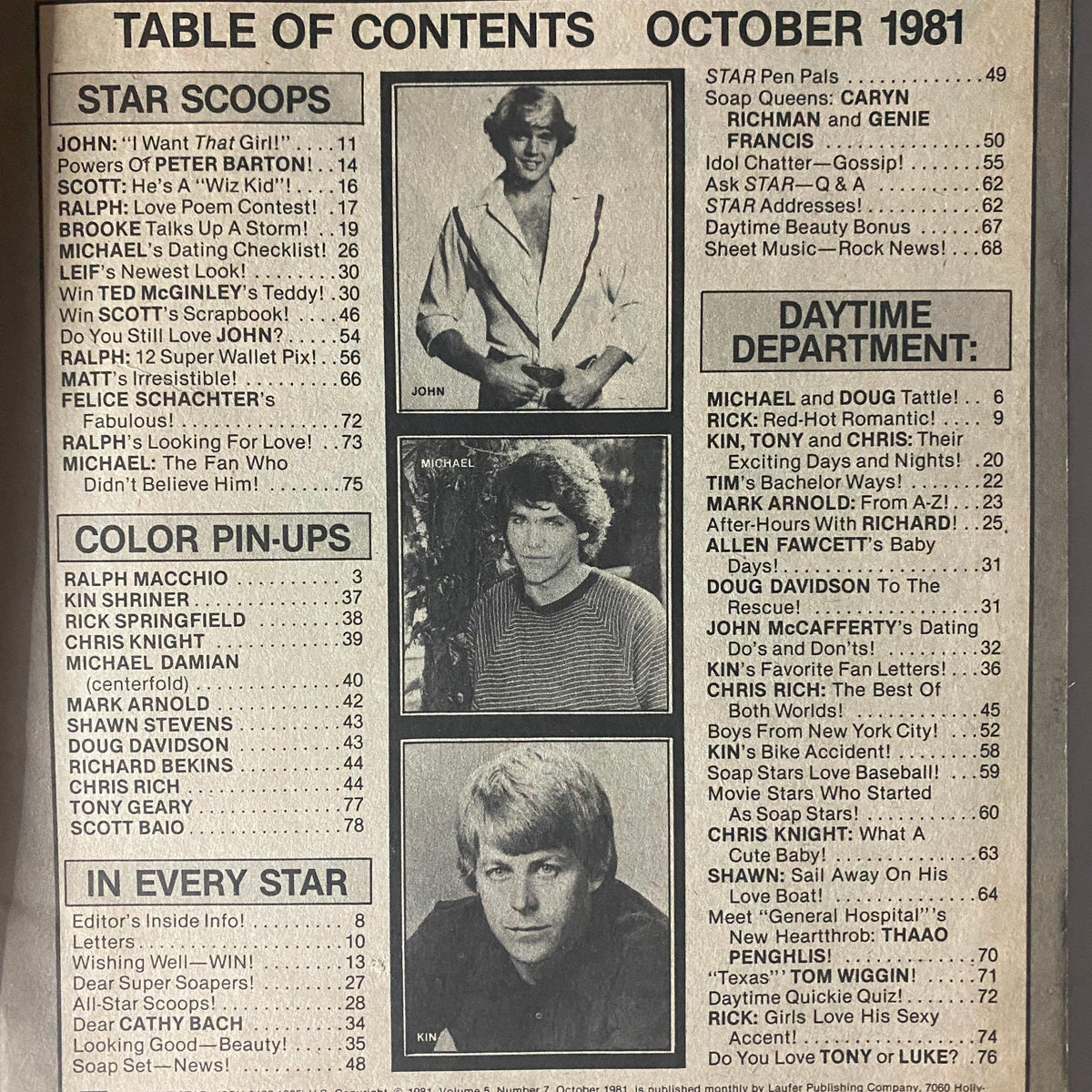 Table of Contents from the Tiger Beat Star Magazine October 1981 featuring articles and color pin-ups of popular stars like John and Michael.