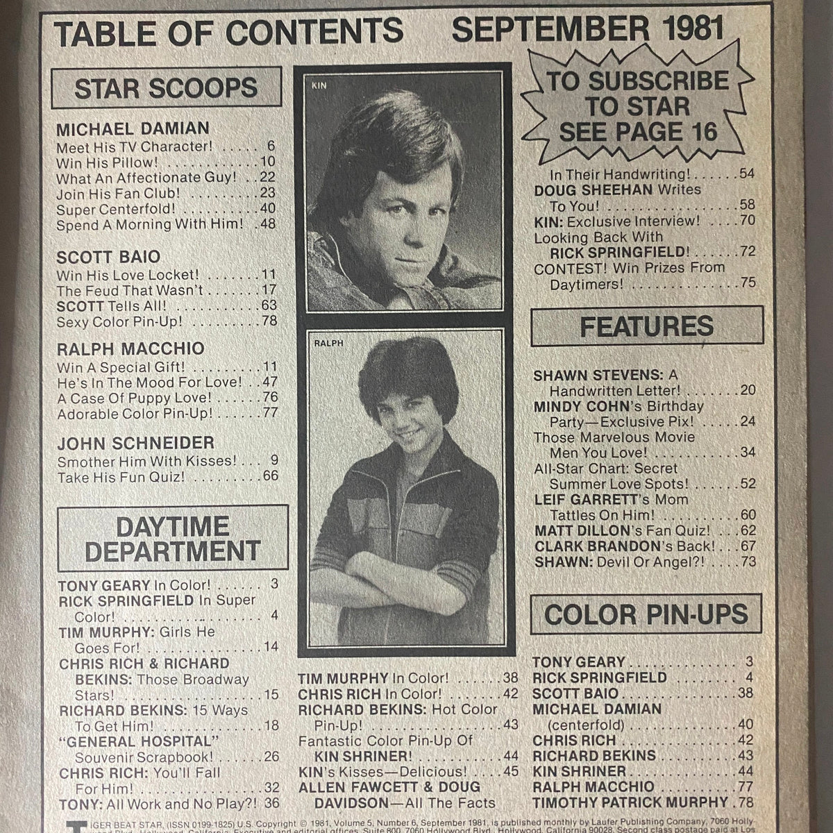 Table of contents from Tiger Beat Star Magazine September 1981 highlighting articles and features on celebrities like Michael Damian and Scott Baio.