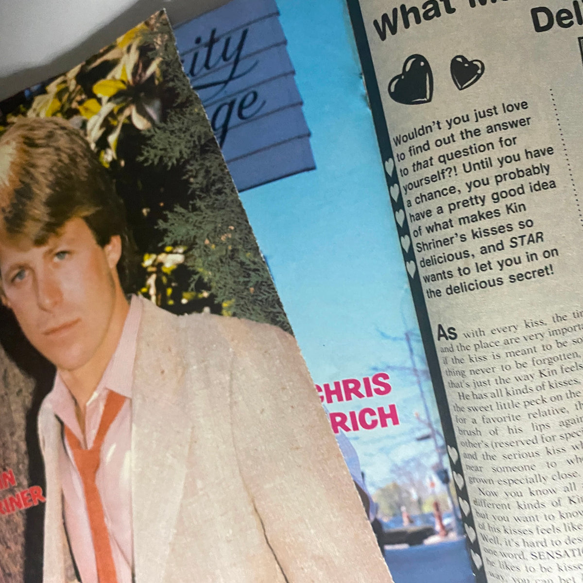 Portrait of Kin Shriner from Tiger Beat Star Magazine September 1981, dressed in a light-colored suit with a pink tie, reflecting the fashion trends of the era.