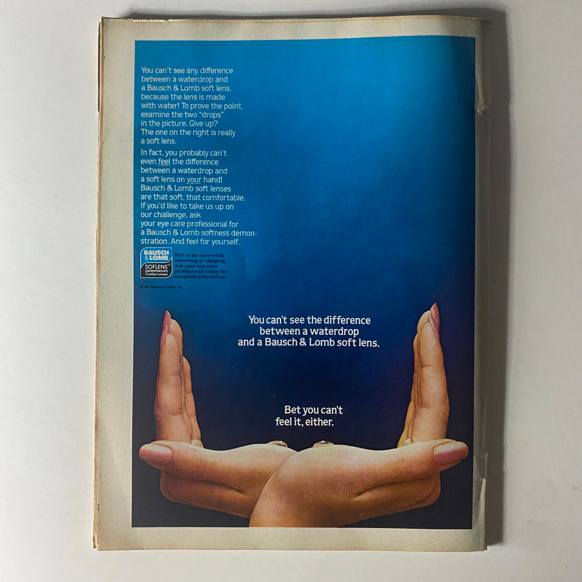 Advertisement from the back cover of the Tiger Beat Star Magazine September 1981, promoting Bausch & Lomb soft lenses with a visual comparison of a waterdrop and a contact lens.