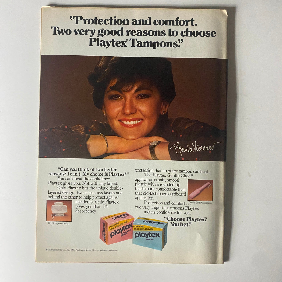 Advertisement for Playtex Tampons in Tiger Beat Star Magazine February 1982, featuring a smiling woman promoting the product with a friendly demeanor.