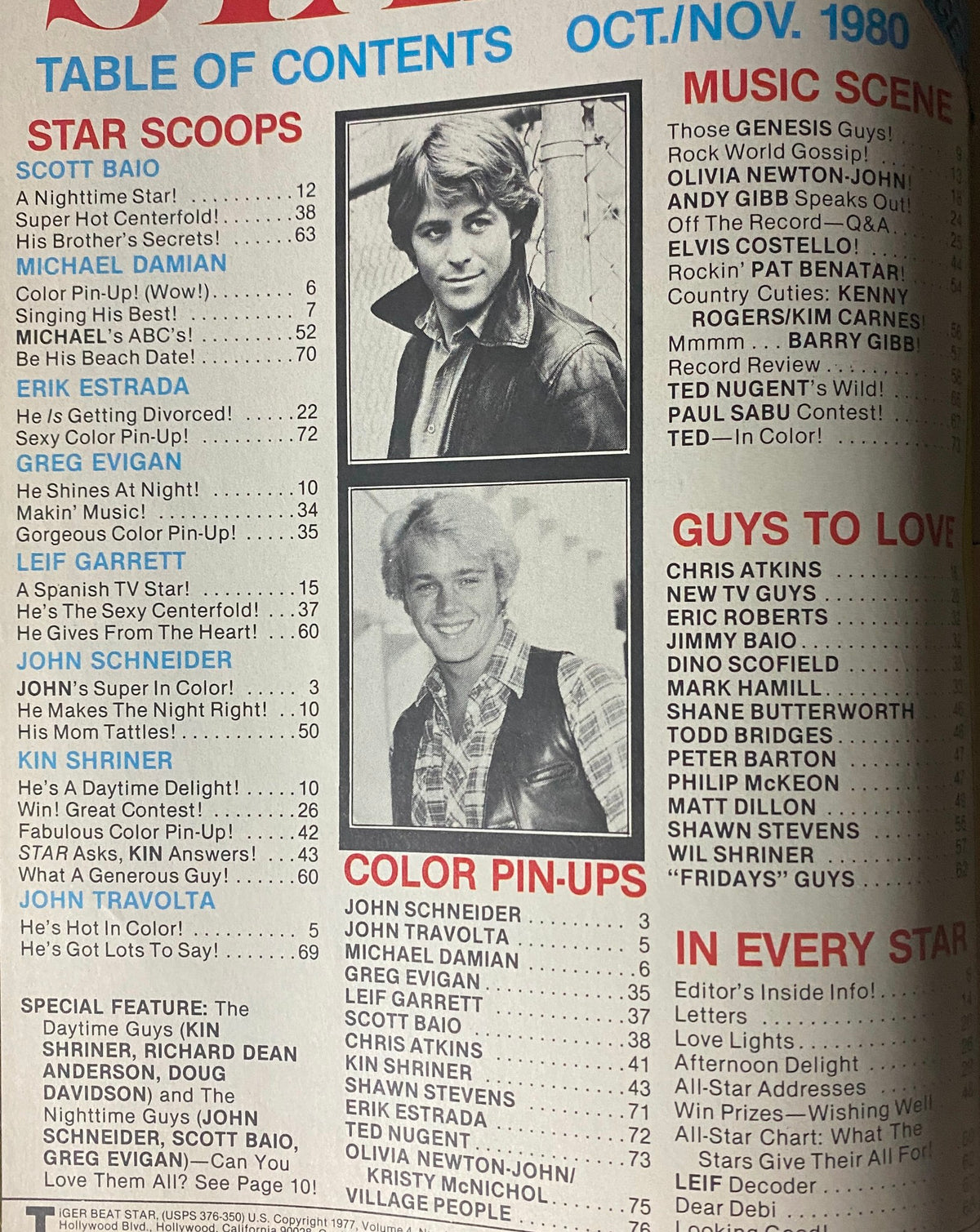 Table of contents page from Tiger Beat Star Magazine October 1980, listing features and articles about popular stars like John Schneider and Michael Damian.