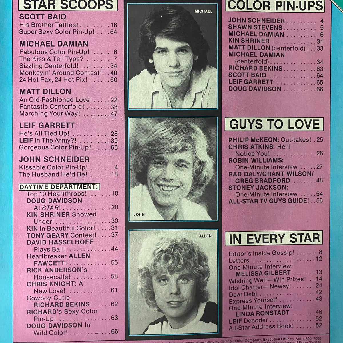 Tiger Beat Star Magazine April 1981 page featuring star scoops and celebrity highlights including Michael Damian, Matt Dillon, and John Schneider.