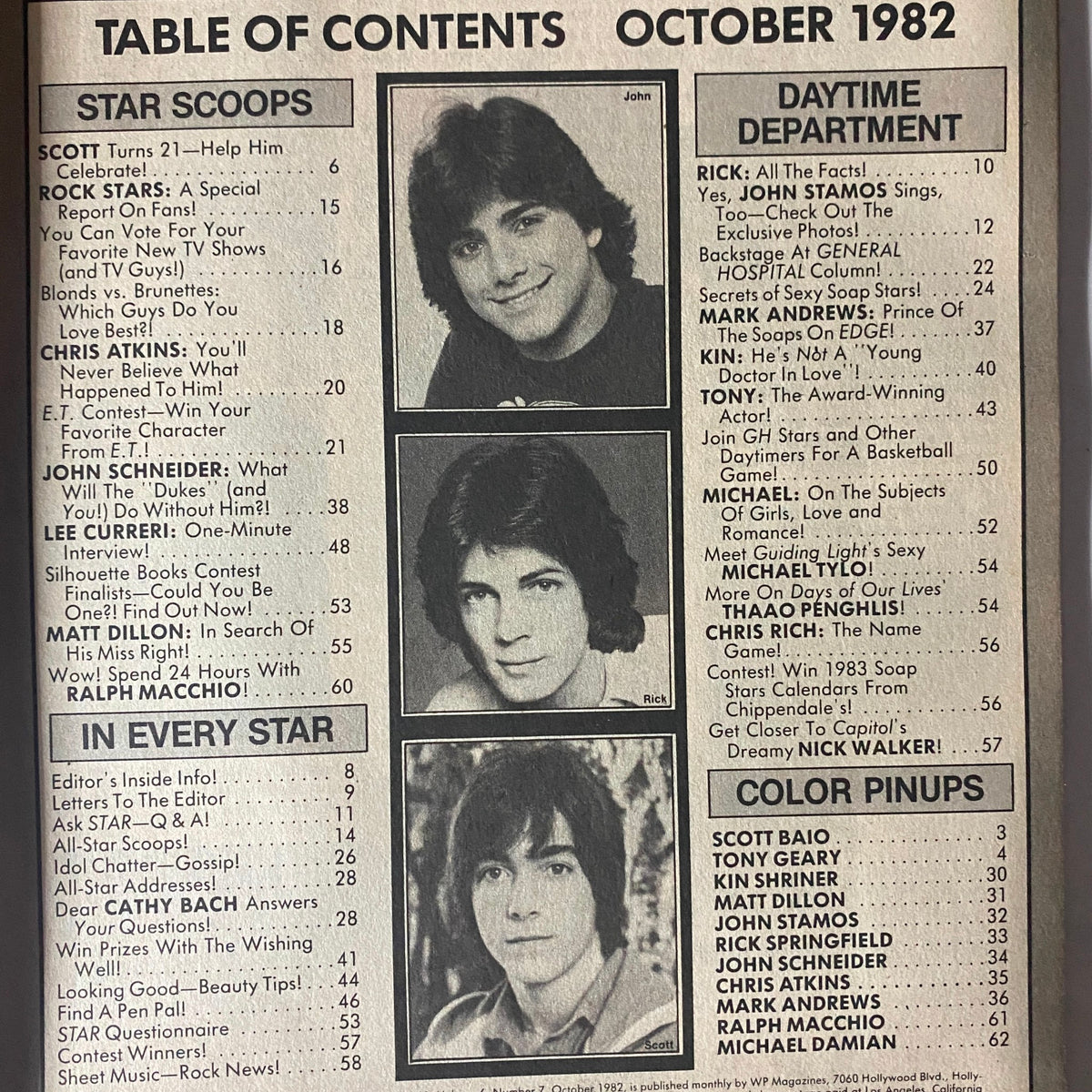 Table of contents from Tiger Beat Star Magazine October 1982, showcasing featured segments and interviews with stars like John Stamos and Ralph Macchio, a nostalgic piece of 1980s teen entertainment.