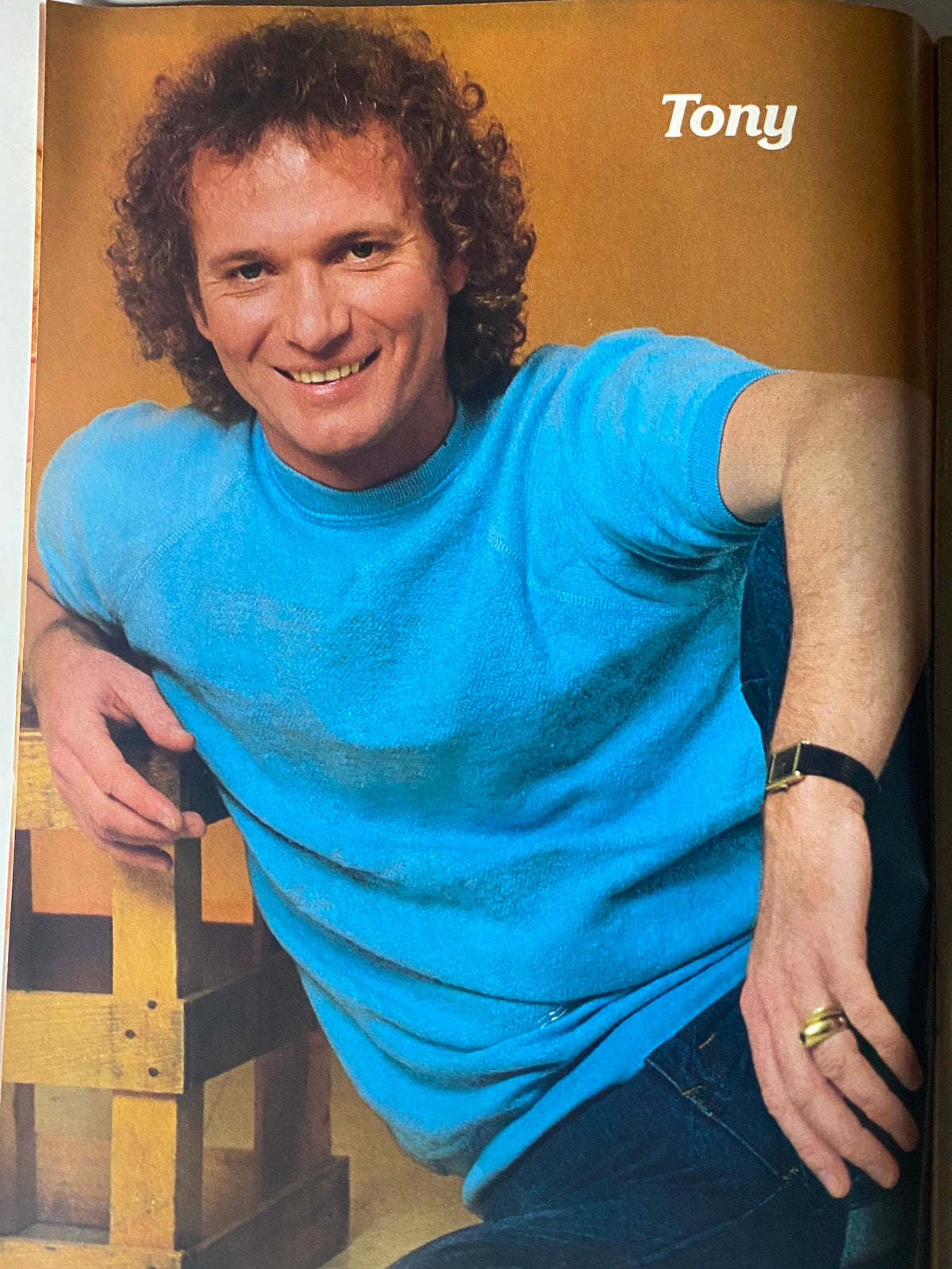 Image from Tiger Beat Star Magazine October 1982 featuring Tony, a smiling man with curly hair, in a blue sweater, showcasing vintage pop culture from the 80s.
