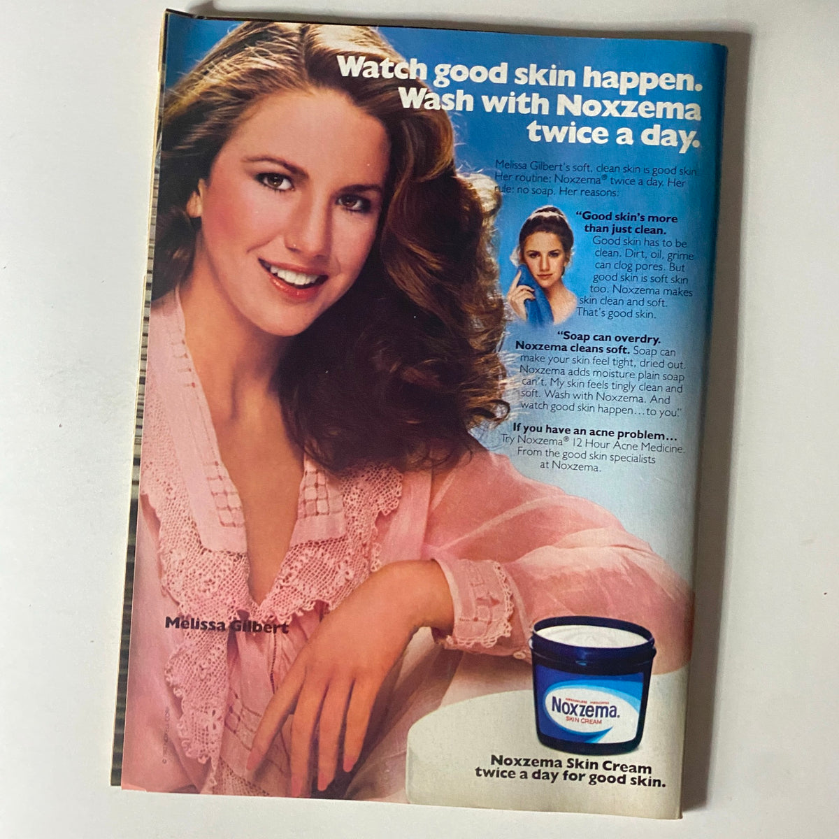 Image from Tiger Beat Star Magazine October 1982 featuring Melissa Gilbert promoting Noxzema skin cream, showcasing retro beauty trends from the 1980s.