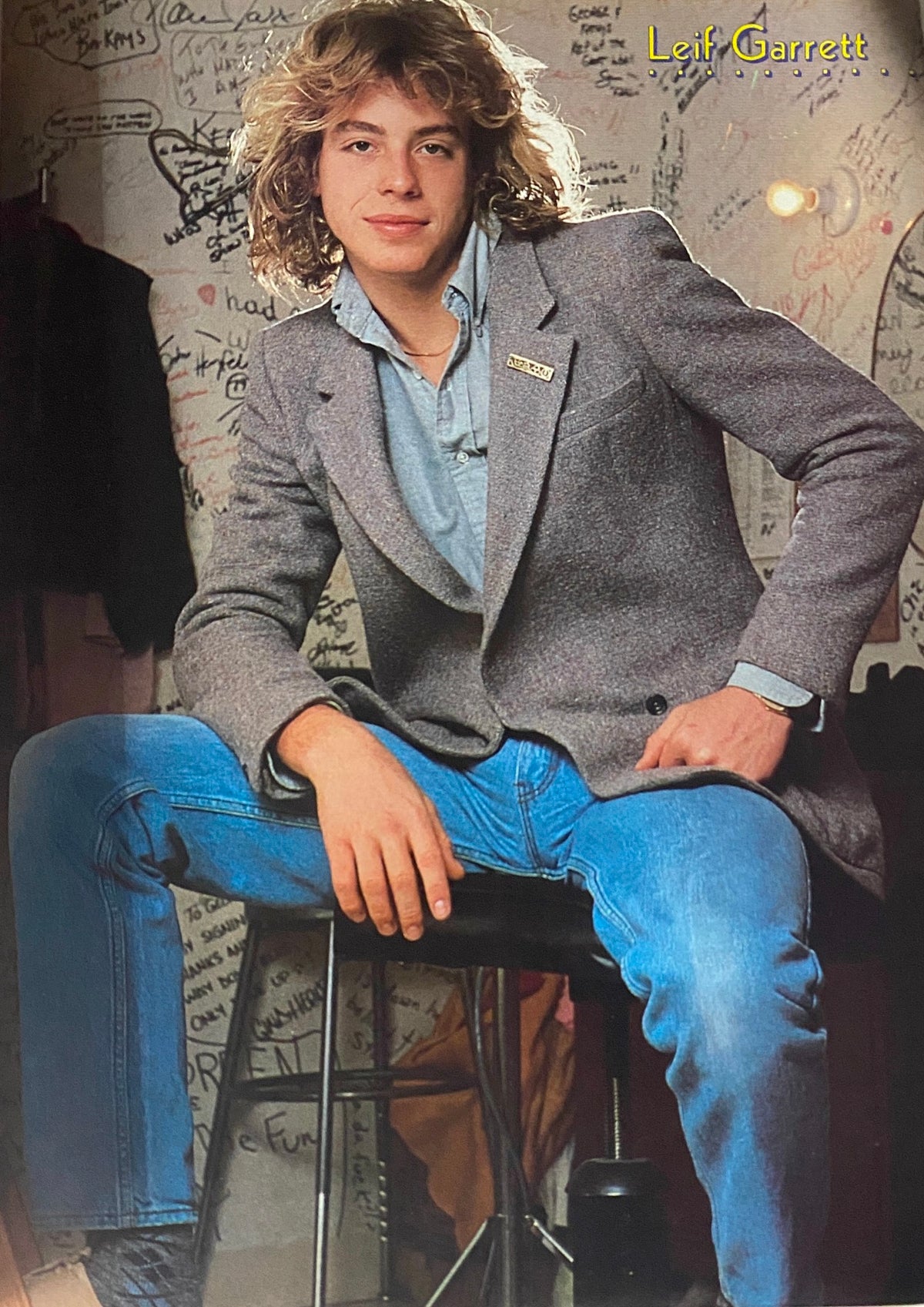 Leif Garrett posed in a stylish outfit for the June 1981 Tiger Beat Star Magazine, set against a graffiti wall background.