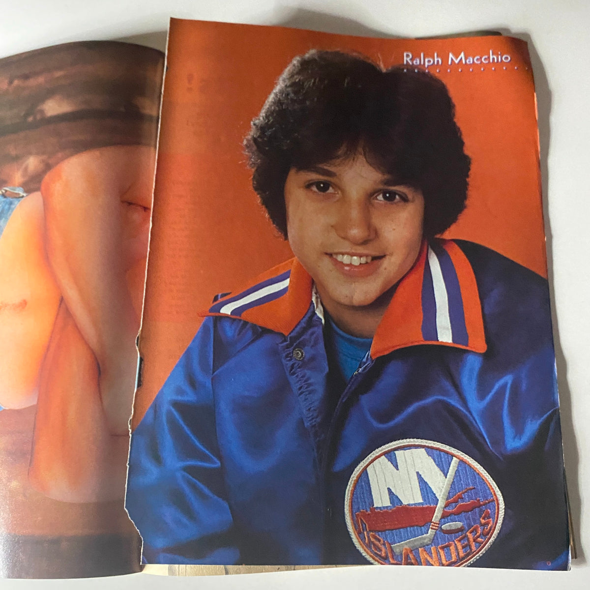 Vintage image of Ralph Macchio from Tiger Beat Star Magazine June 1981, wearing a blue New York Islanders jacket, showcasing the charm of 1980s teen pop culture.