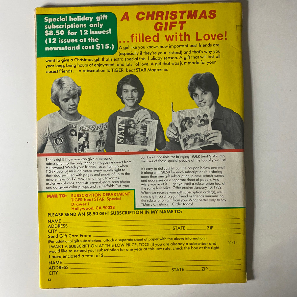 Back cover of Tiger Beat Star Magazine January 1982, promoting subscription offers with a colorful design and images of popular teen idols.