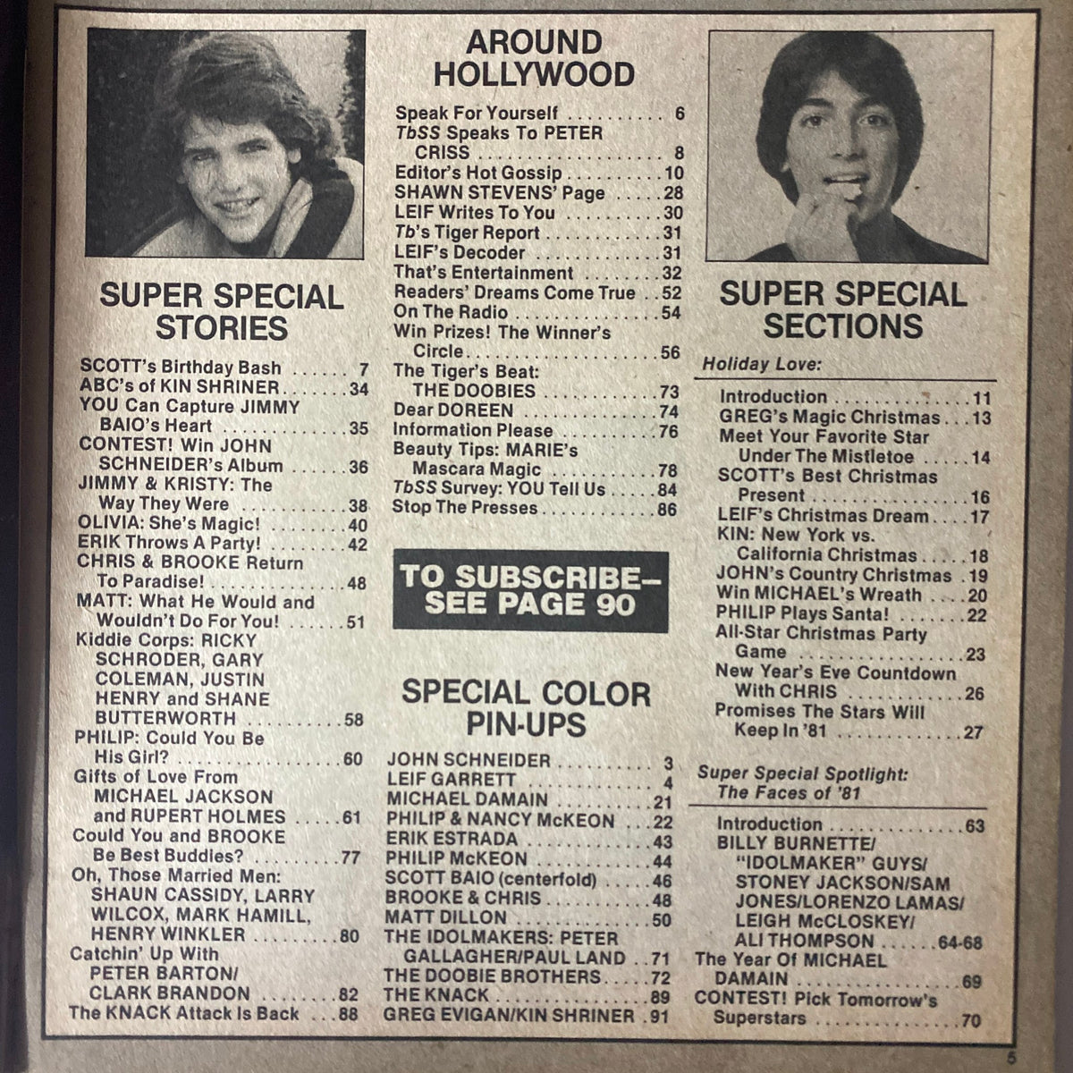 Inside page of January 1981 Tiger Beat Star Super Special featuring stories and pin-ups of teen idols including Scott Baio and Michael Damian.