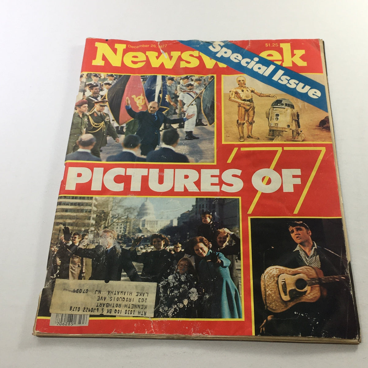 Newsweek Magazine cover from December 26, 1977, featuring powerful images and the title 'Pictures of 77'. The cover shows various historical moments, including a parade and iconic characters.