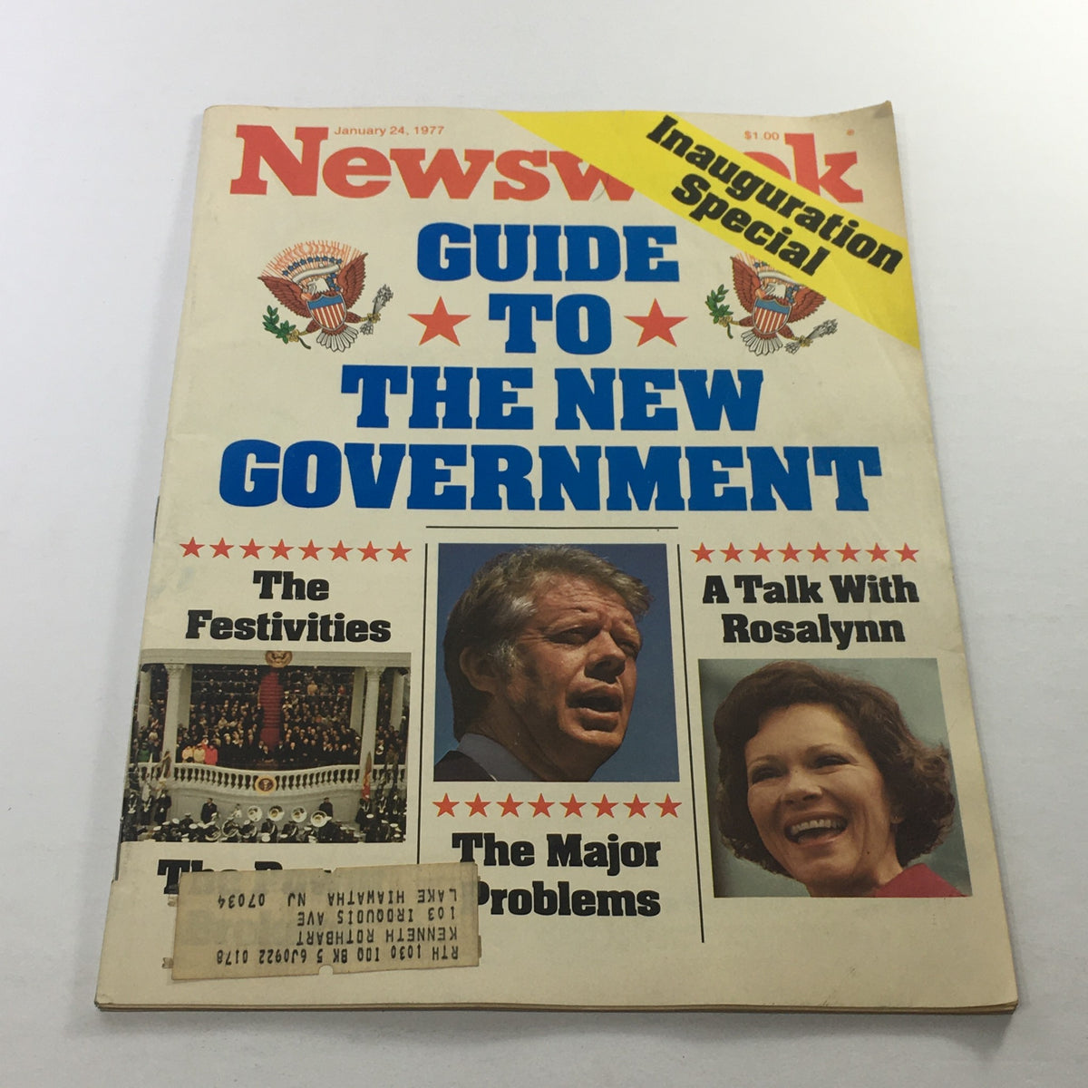 Cover of Newsweek Magazine dated January 24, 1977, featuring the title 'Guide to the New Government' with images related to the inauguration, including a photo of President Jimmy Carter, and articles on the festivities and major problems facing the new administration.