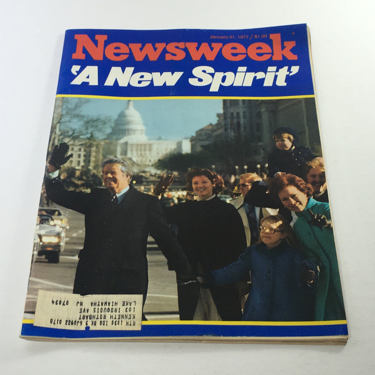 Cover of Newsweek Magazine dated January 31, 1977, featuring the title 'A New Spirit', highlighting the rise of Jimmy Carter with an image of him waving to the crowd in front of the U.S. Capitol during his presidency.