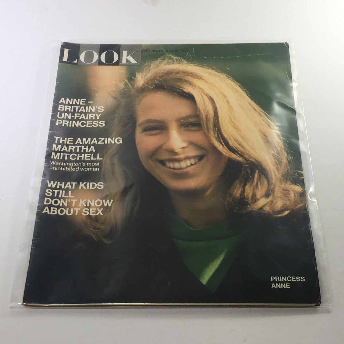 Cover of Look Magazine dated July 28, 1970 featuring the main article 'Anne: Britain's Un-Fairy Princess' and 'The Amazing Martha Mitchell'. The cover includes a smiling woman with long hair and includes headlines about child education and social issues.