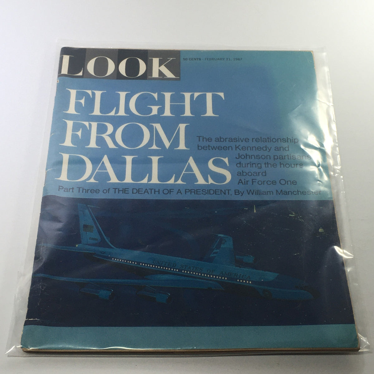 Look Magazine cover from February 21, 1967, titled 'Flight From Dallas/The Death Of A President', featuring a dramatic title and an image of Air Force One.