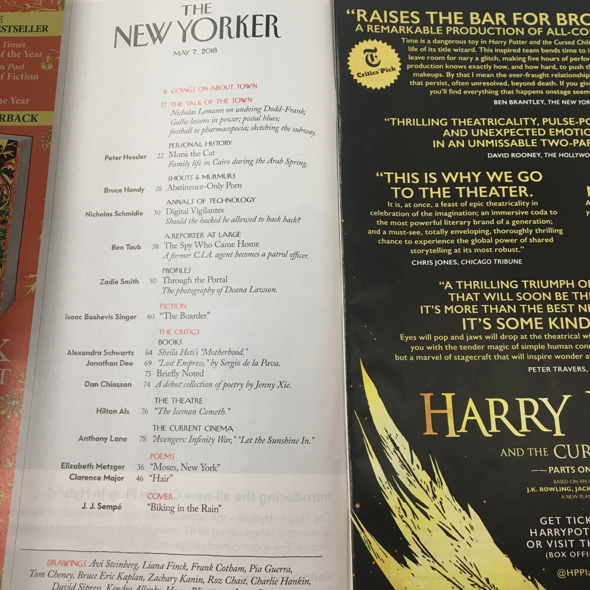 Contents page of The New Yorker Magazine May 7 2018, listing articles and the cover illustration 'Biking in the Rain' by Jean-Jacques Sempé.