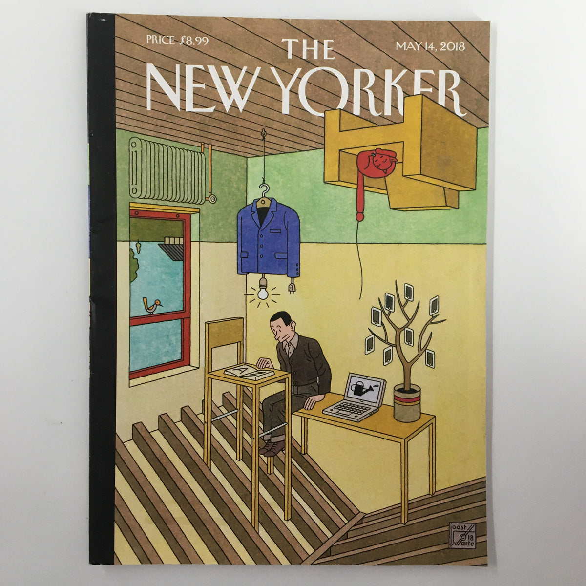 Cover of The New Yorker Magazine May 14 2018 featuring Smart Design by Joost Swarte, showcasing a whimsical illustration with a man at a desk and hanging objects.