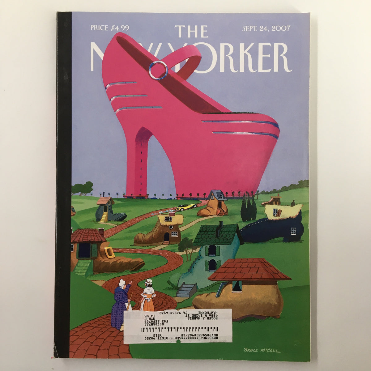 Cover of The New Yorker Magazine September 24 2007 featuring the artwork 'There Goes the Neighborhood' by Bruce McCall, depicting whimsical oversized pink shoes in an urban landscape.