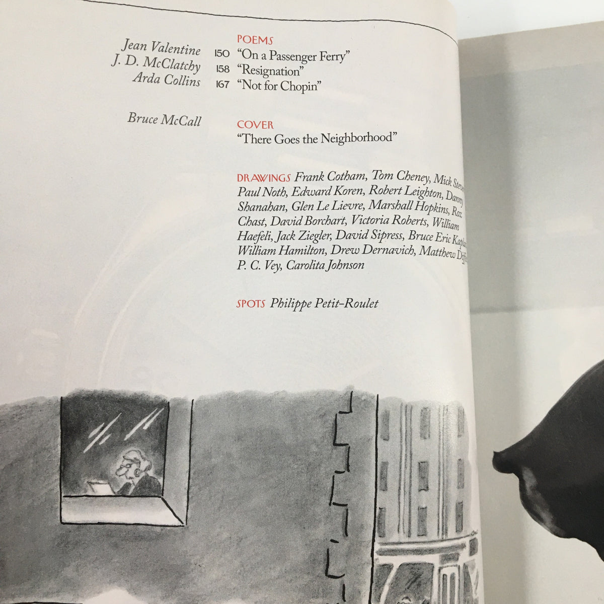 Interior page of The New Yorker Magazine September 24 2007 listing contents, including the cover art 'There Goes the Neighborhood' by Bruce McCall, and contributions from various authors and illustrators.