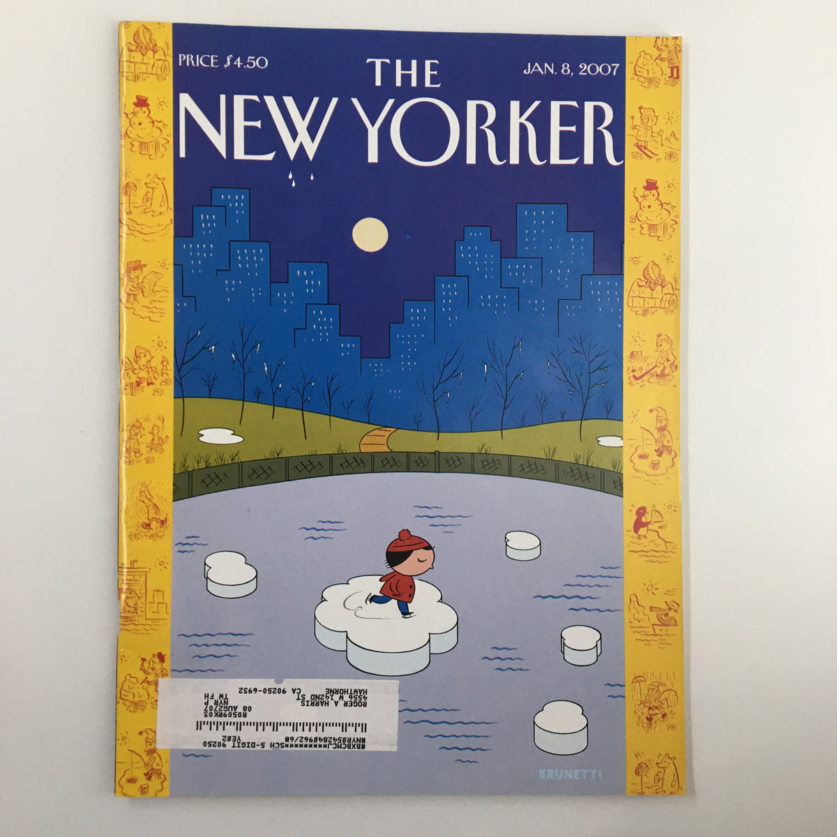 Cover of The New Yorker Magazine January 8 2007 featuring whimsical illustration by Ivan Brunetti, depicting a character on ice surrounded by city skyline.