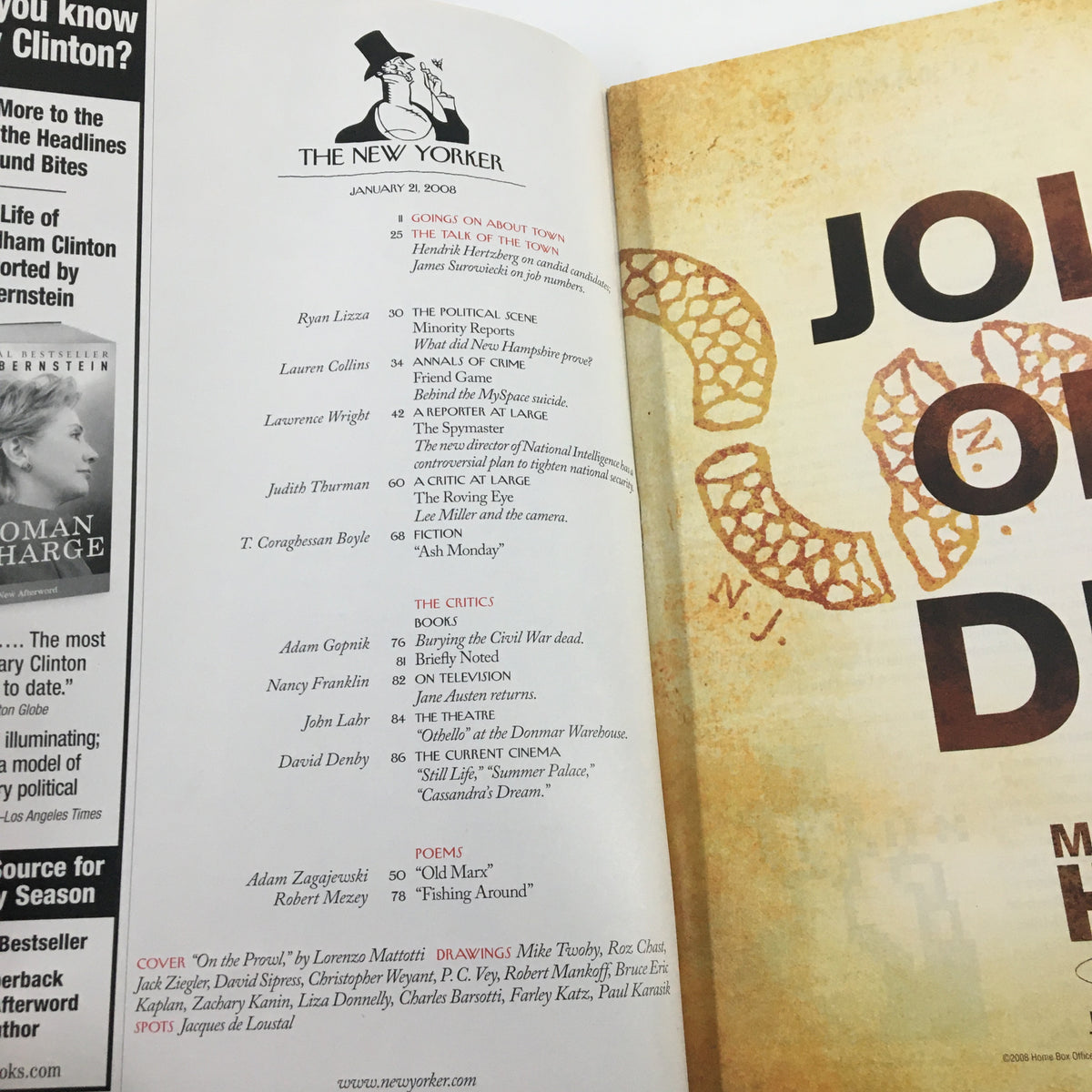 Inside page of The New Yorker Magazine January 21, 2008 featuring the table of contents with articles and contributors, showcasing the artistic and journalistic essence of the issue with cover art "On the Prowl" by Lorenzo Mattotti.