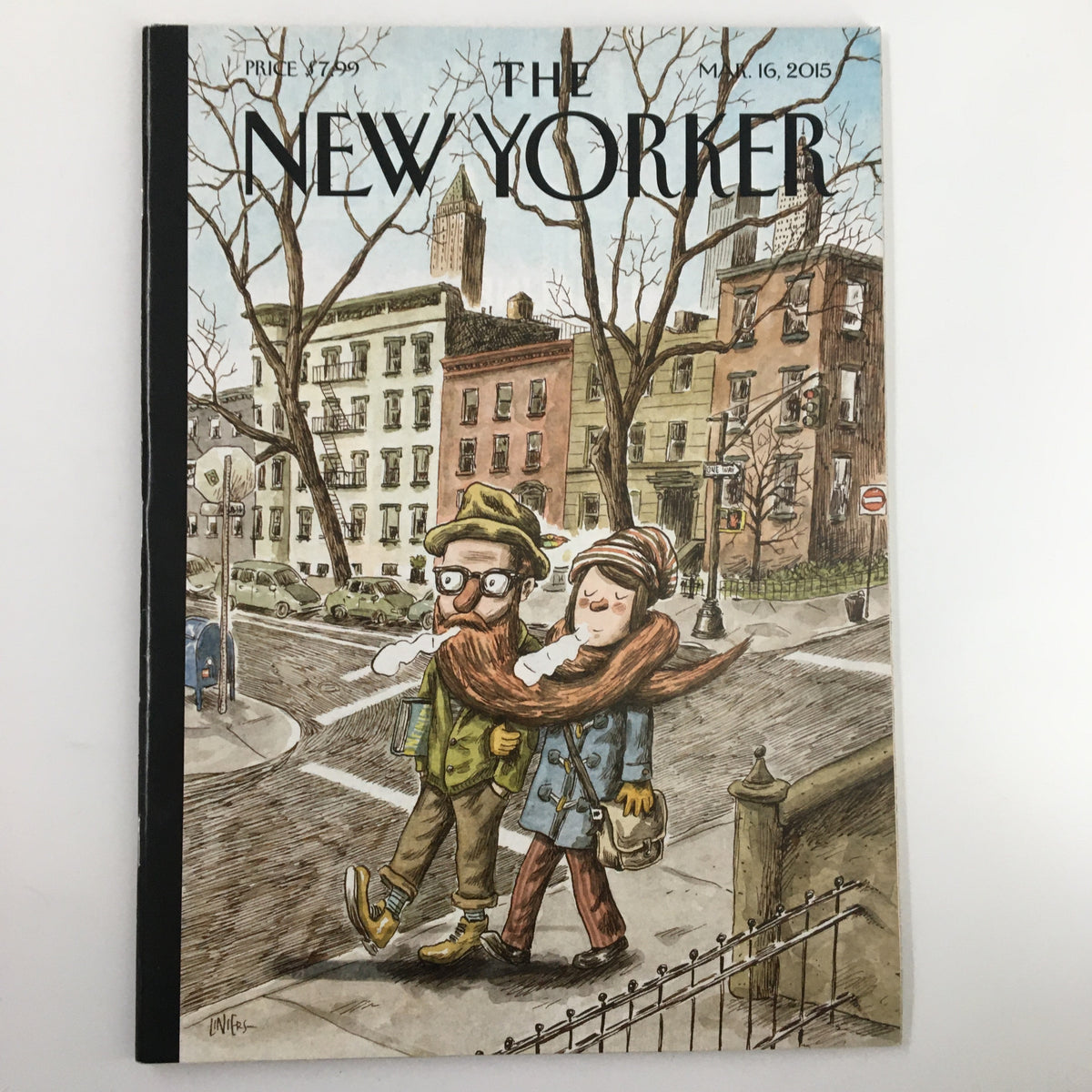 Cover of The New Yorker Magazine from March 16, 2015, featuring charming cover art by Liniers, depicting a hipster couple walking in an urban setting.